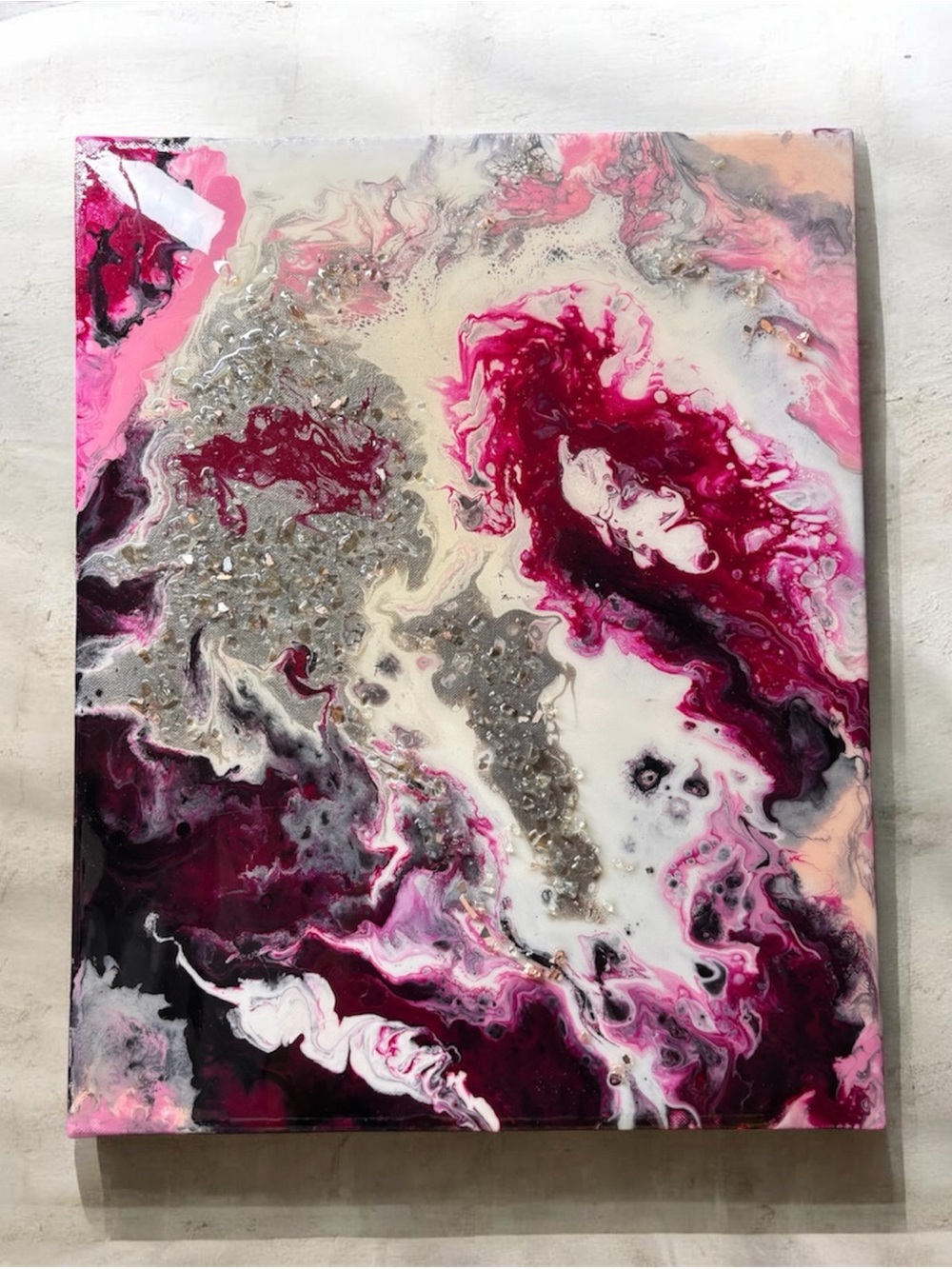 Abstract Magenta & White Fluid Art Canvas with Silver Accents Original Painting